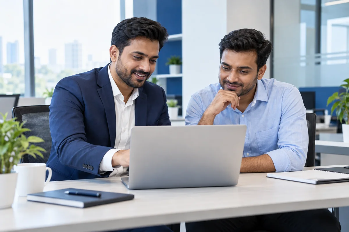 Two male entrepreneurs reviewing a laptop in a bright office